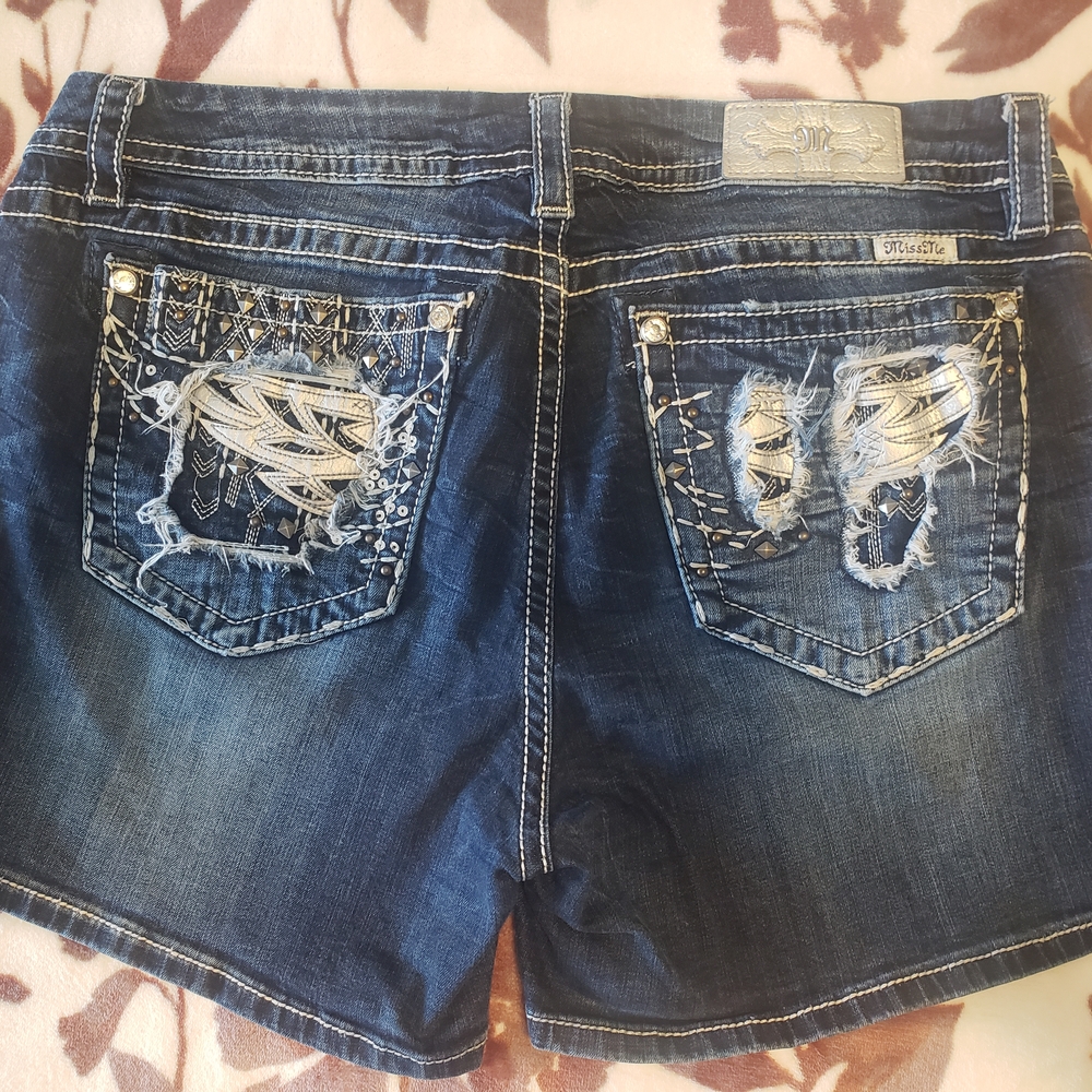 Miss Me Blue Denim Shorts with Silver Embroidery